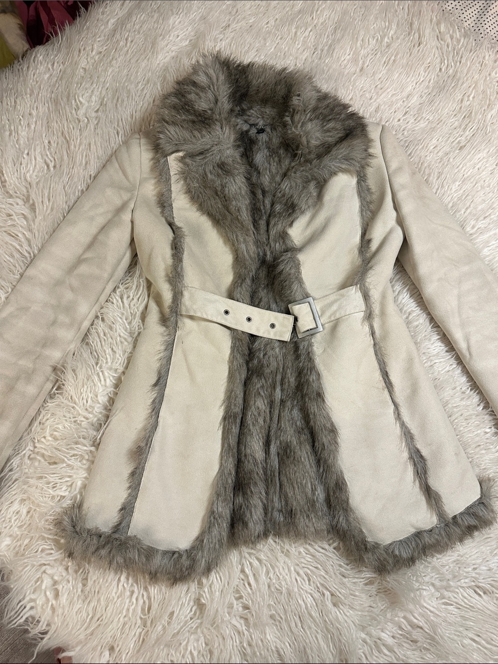 Bebe Cream Faux-Suede Trench Coat with Gray Faux-Fur Trim